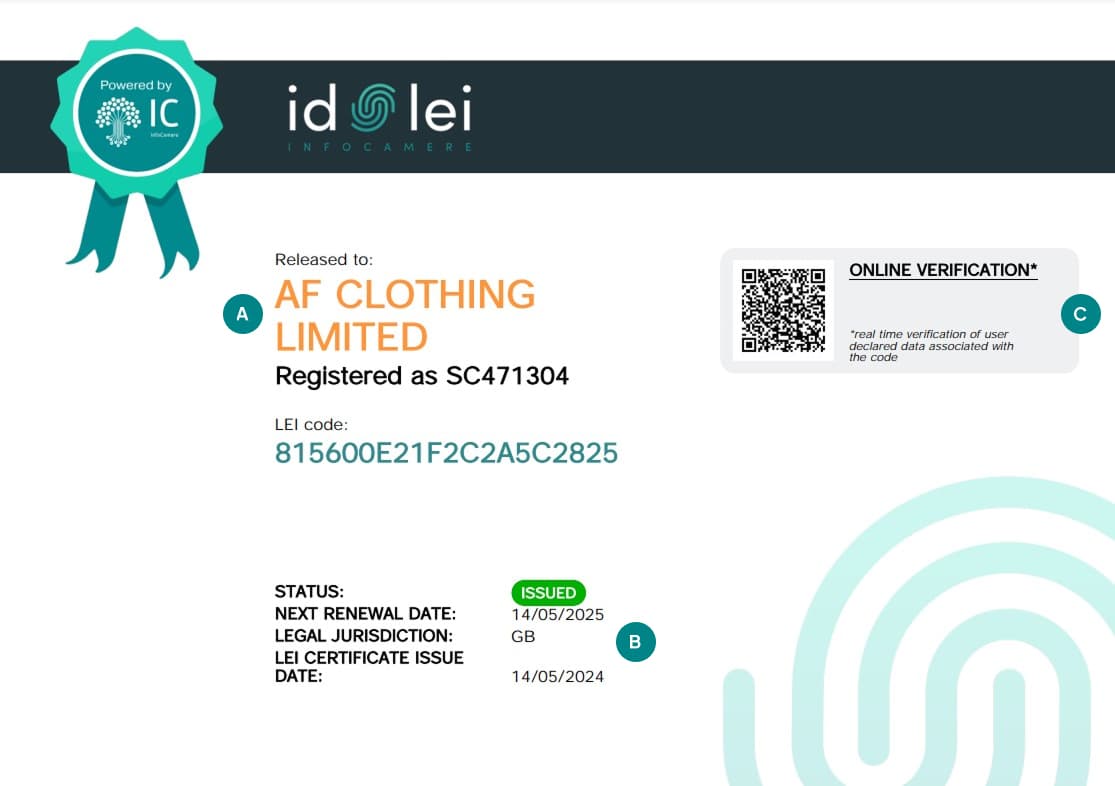 Sample of Official LEI Code Certificate with QR Code